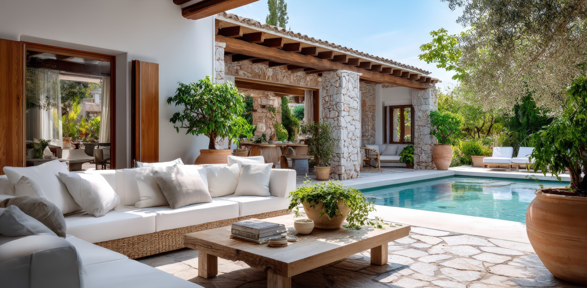 Terrasse méditerranéenne avec piscine et mobilier de jardin autour d'une villa