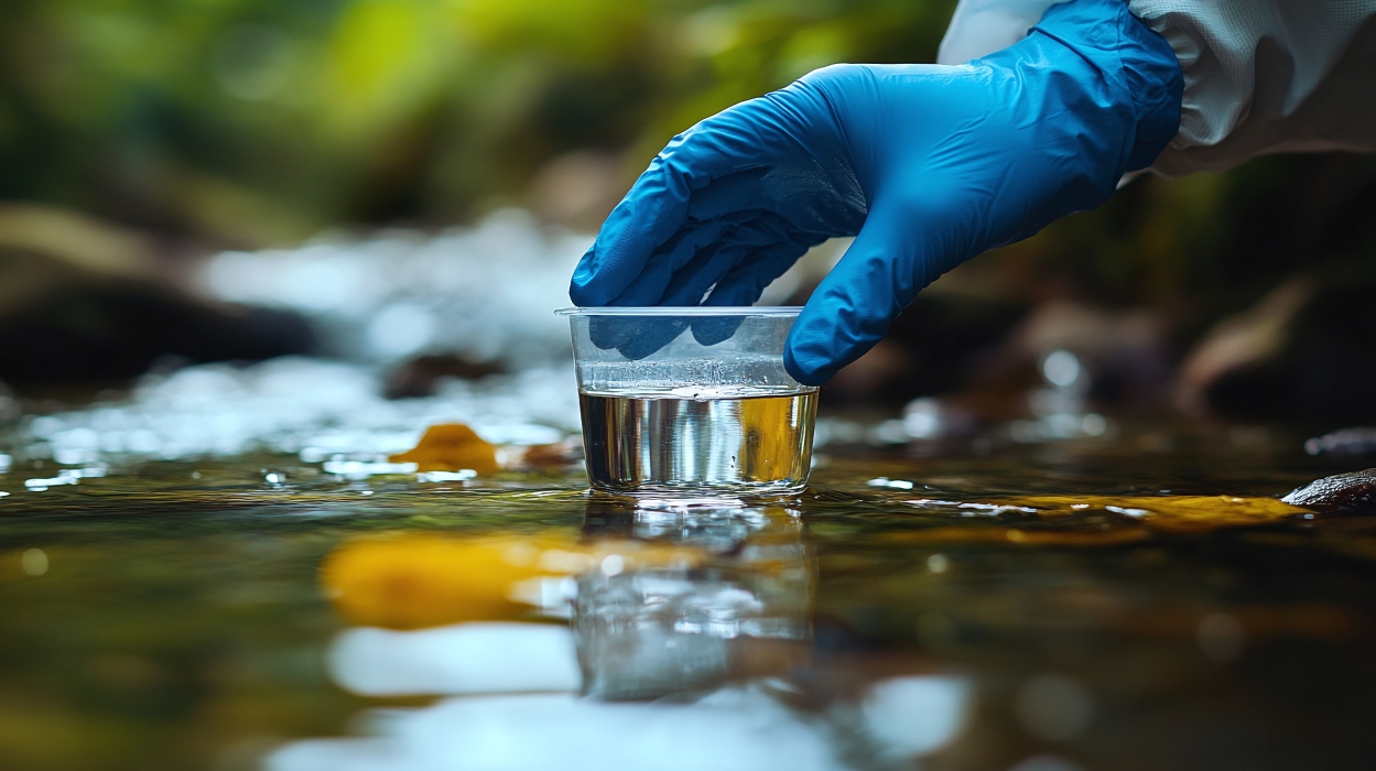 Main gantée prélevant un échantillon d'eau dans un ruisseau forestier