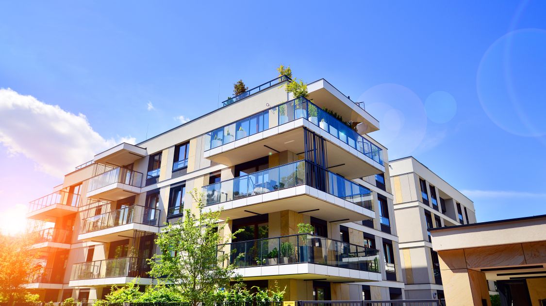 Salon moderne spacieux avec baies vitrées ouvrant sur une terrasse végétalisée